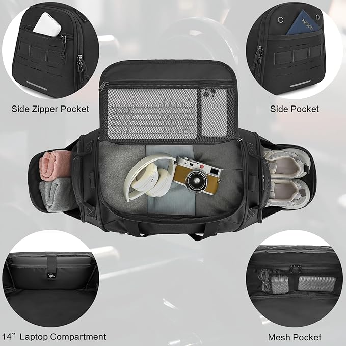 Gym Bag for Men Women 45L Sports Duffle Bag for Travel Tactical Military Duffel Bag with Shoe & Laptop Compartment Lightweight Medium Weekender Travel Bags for Fitness Training Workout, Black