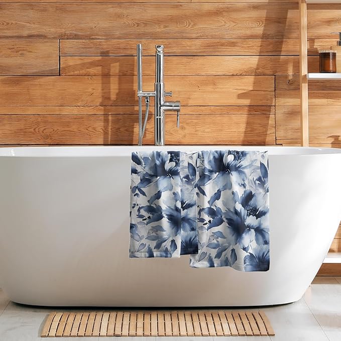 Navy Blue Flower Hand Towels Set of 2, Modern Ink Floral Face Towel 28X14 inch, Watercolor Botanical Floral Kitchen Dish Towels Quick Dry Super Absorbent Soft Washcloths for Bathroom Yoga Workout Gym