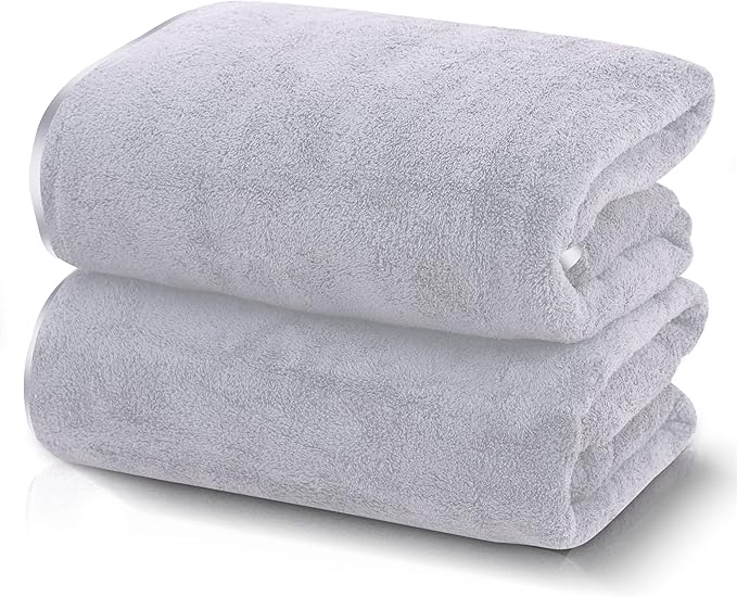 TENSTARS Silk Hemming Bath Towels for Bathroom Clearance - 27 x 55 inches - Light Thin Quick Drying - Soft Microfiber Absorbent Towel for Bath Fitness, Sports, Yoga, Travel, Gym - 2 Pack, Light Grey
