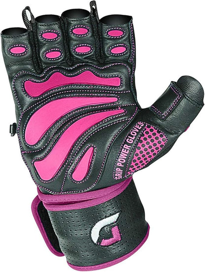 Grip Power Pads Leather Gym Gloves for Women – Built-in 2" Wrist Wraps, Pink Weightlifting, Powerlifting, Bodybuilding Workout