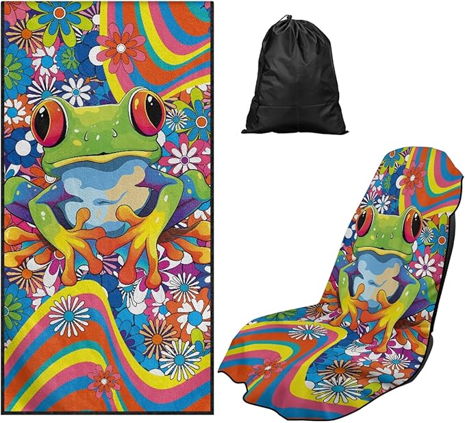 Bulopur Hippie Floral Frog Car Seat Towel Cover After Gym Workout Beach Swimming Boho Sweating Car Seat Cover Fits for Car SUV Sedan Truck Front Seats