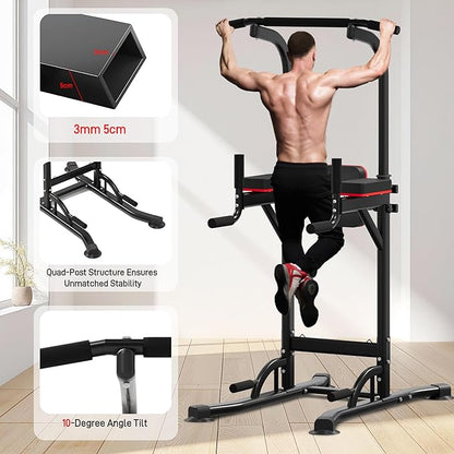 Outdoor Basic Power Tower, Pull Up Bar and Dip Station for Home Gym, 1400LBS Weight Capacity, Adjustable Height, Heavy Duty Steel Frame for Calisthenics, Strength Training Fitness Equipment