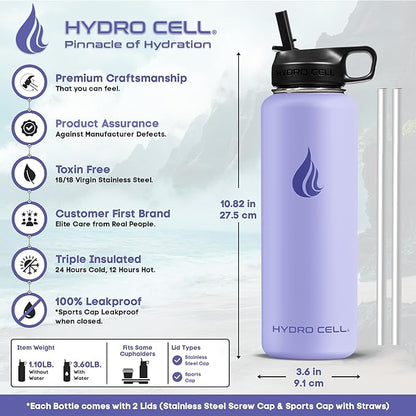 HYDRO CELL Stainless Steel Insulated Water Bottle with Straw - For Cold & Hot Drinks - Metal Vacuum Flask with Screw Cap and Modern Leakproof Sport Thermos for Adults (Lilac 40oz)