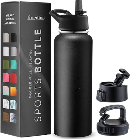 FineDine Triple Walled, Insulated Water Bottles with Straw - 40 Oz Stainless Steel Metal Bottle W/ 3 Leak Proof Lids - For Travel, School, Sports, Gym/Men, Women & Kids - Inky Raven Black