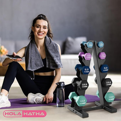 HolaHatha 2, 3, 5, 8, and 10 Pound Neoprene Dumbbell Free Hand Weight Set with Rack, Ideal for Home Exercises to Gain Tone and Definition, Pastel