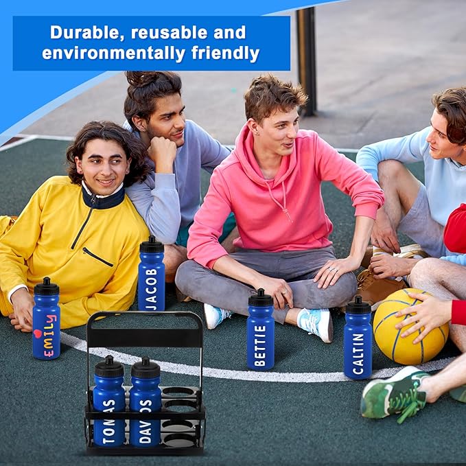 Suclain 14 Pcs Water Bottle Carrier with 20 Oz Bottles and Stickers Plastic Wide Mouth Sports Water Bottle Squeeze Team Bottles with Black Lid for Fitness Bike Gym (Dark Blue)