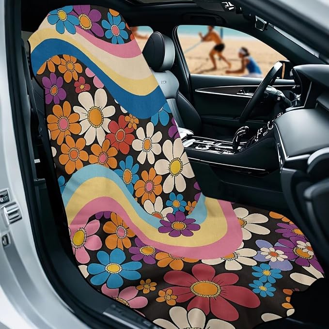 Bulopur Hippie Daisy Car Sweat Towel Seat Cover Washable Quick Dry Car Seat Towel Cover After Gym Beach Yoga Workout Outdoor Surfing Activities Auto Accessories