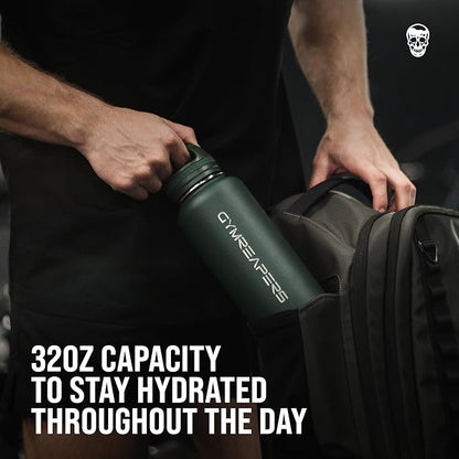Gymreapers Insulated Water Bottle - Stainless Steel 32 Oz, 3 lids (Straw, Chug, Canteen), Double Walled Vacuum Insulation, Thermo Mug Cold Hot - Durable Powder Coated Finish