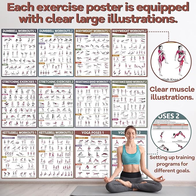 gisgfim 12PCS Workout Posters for Home Gym Dumbbells, Bodyweight, Stretching, Kettlebells, Yoga, Resistance Bands Exercise Chart Muscle Engagement Chart Full Body Workout Poster Set Garage Gym Decor