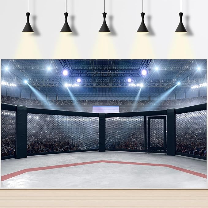 Boxing Ring Backdrop MMA Cage Arena with Spotlights Photography Backgrounds Round Empty Cage Boxing Ring Fighting Cage Backdrops Wrestling Arena Fans Shining Spotlights Decorations Props 20x10ft