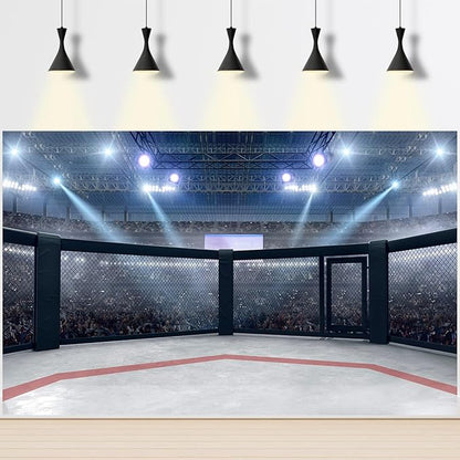 Boxing Ring Backdrop MMA Cage Arena with Spotlights Photography Backgrounds Round Empty Cage Boxing Ring Fighting Cage Backdrops Wrestling Arena Fans Shining Spotlights Decorations Props 20x10ft