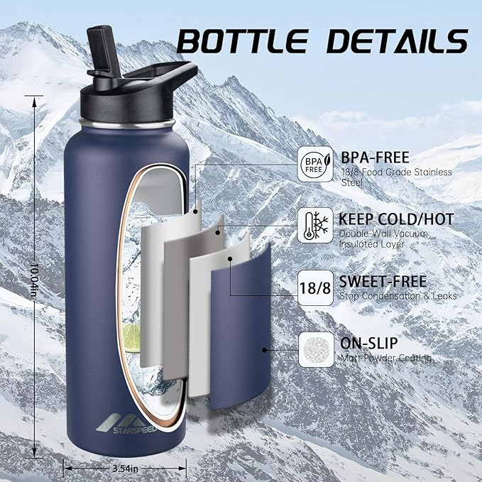 StarSpeed 40oz Insulated Water Bottle with Straws & 2 Lids, Stainless Steel Double Walled Vacuum Water Flask, Wide Mouth Sports Water Bottle for Gym Camping Hiking, Navy Blue