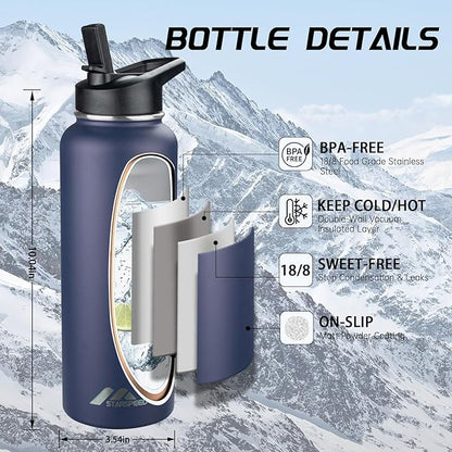 StarSpeed 40oz Insulated Water Bottle with Straws & 2 Lids, Stainless Steel Double Walled Vacuum Water Flask, Wide Mouth Sports Water Bottle for Gym Camping Hiking, Navy Blue