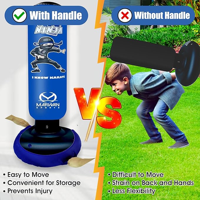 Marwan Sports Punching Bag for Kids with Boxing Gloves Ages 4-12 – 63" Inflatable Boxing Bag for Kids, Fast Rebound Set, Christmas & Birthday Gift for Boys & Girls