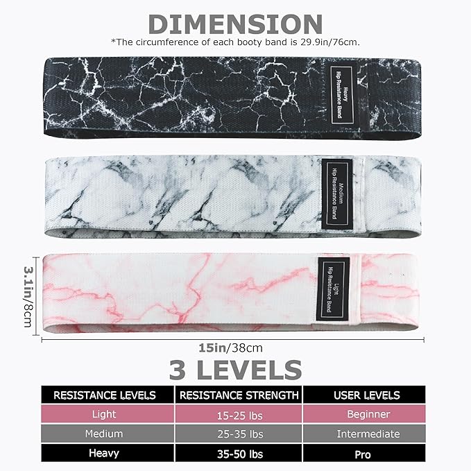 Booty Bands, 3 Levels Hip Bands, Polyester-Cotton and Latex Silk Workout Bands Resistance Bands for Home, Gym, Fitness, Pilates, Yoga (Pack of 3)