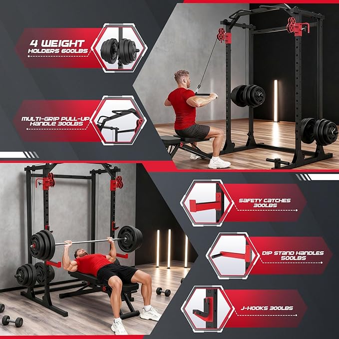OPPSDECOR Power Cage, 2000LBS Squat Rack with Dual Pulley Cable Crossover System, Multifunctional Power Rack with More Training Attachments for Home Gym, Weight Cage Fits Compact Space
