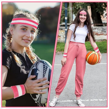5 PCS Sweatbands Set Headband Wristbands and Striped Socks, Sweat Band for Women Neon Sports Pink Headband Fitness 80s 90s Costumes Accessories Fitness Workout Outfit for Women and Men