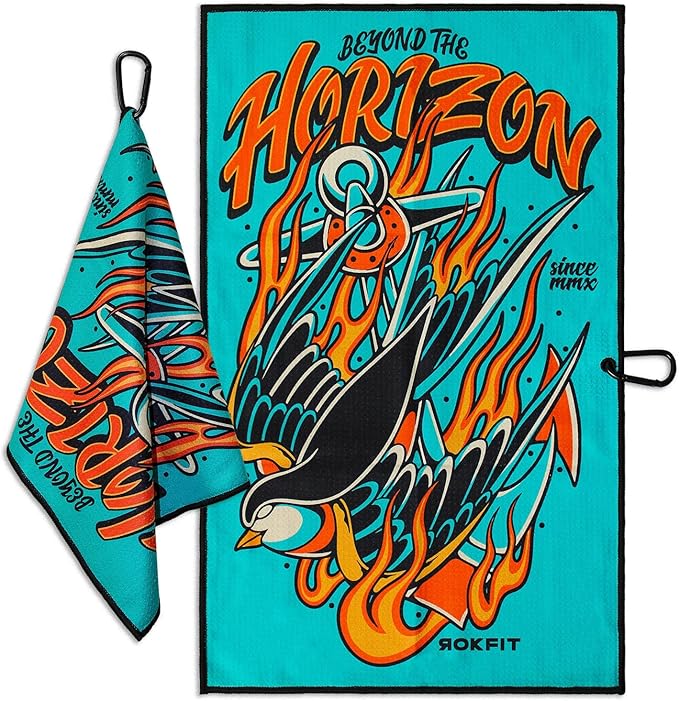 RokFit Gym & Golf Towel – Multi-Use, Quick-Dry, Durable Utility Towel with Bold Graphic and Carabiner Clip (Beyond The Horizon)
