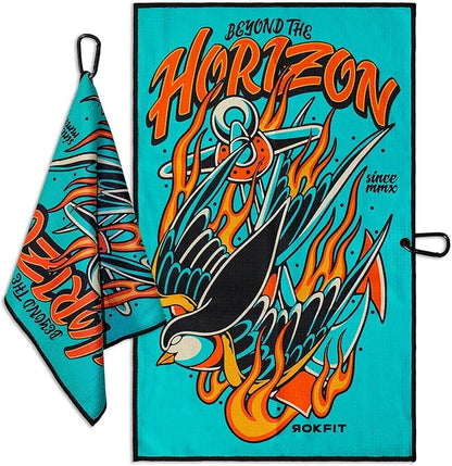 RokFit Gym & Golf Towel – Multi-Use, Quick-Dry, Durable Utility Towel with Bold Graphic and Carabiner Clip (Beyond The Horizon)