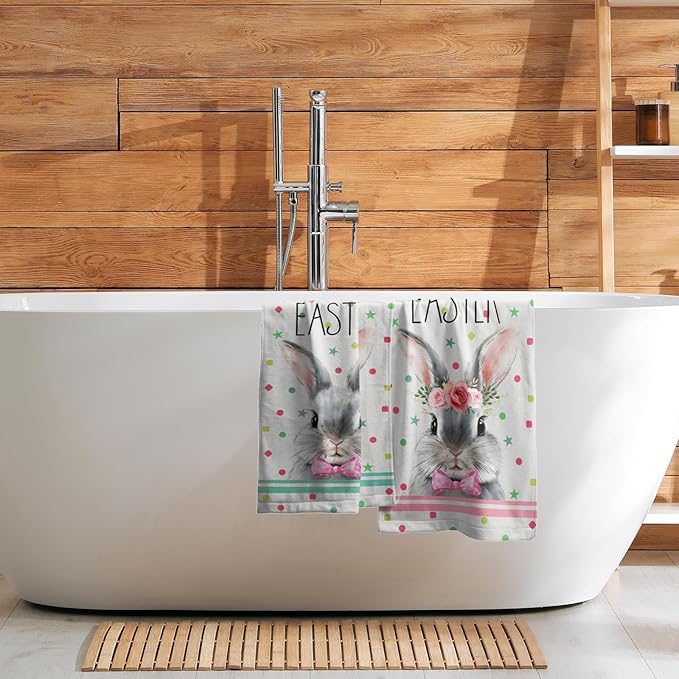 Happy Easter Bath Hand Towels 2 Pack Mr & Mrs. Rabbits Kitchen Tea Dish Towels 14"x28" Cute Bunny Spring Holiday Soft Absorbent Washcloths for Yoga Gym Bath Shower