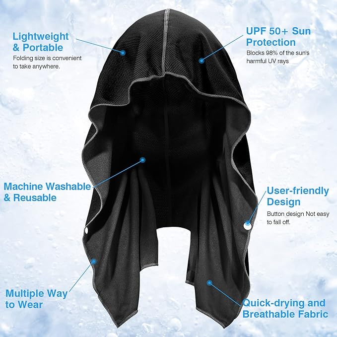 Sukeen Cooling Hoodie Towel, Cooling Towels for Neck and Face Absorbent Quick Drying, Cooling Neck Wraps UV Protection Sport Workout Camping Cycling Cooling Towel
