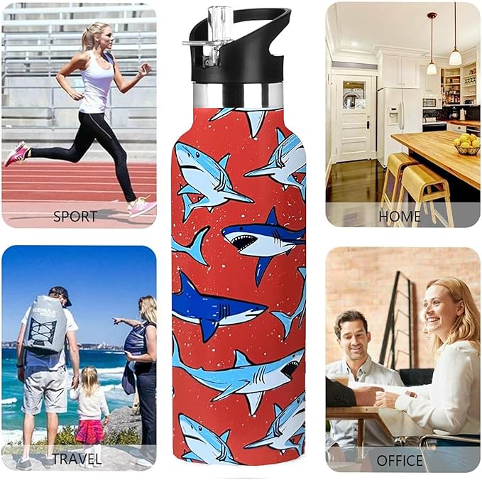 Shark Sport Water Bottle with Straw, Vacuum Insulated Stainless Steel Thermal Drinking Travel Mug Cups For Gym Fitness Camping-20oz/600ml