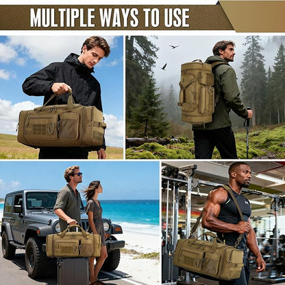 3 in 1 Tactical Gym Bag Backpack for Men 40-45L Expandable Travel Duffle Bag for Women Military Sport Duffel Bags Weekend Overnight with Shoe Compartment & Wet Pocket for Fitness, Brown