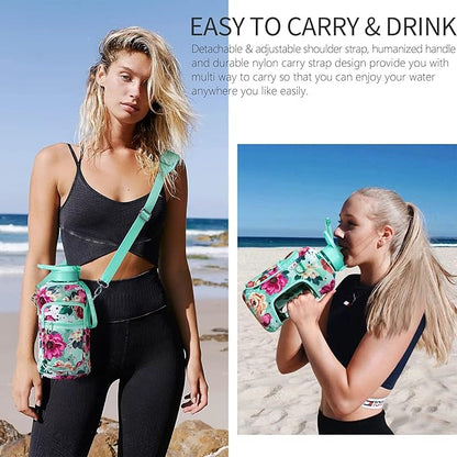 Fimibuke Half Gallon Water Bottle with Sleeve 64 OZ Water Bottle with Handle & Straw Leakproof Motivational Sports Gym Water Bottle with Time Marker BPA Free Water Jug with Reusable Neoprene Holder