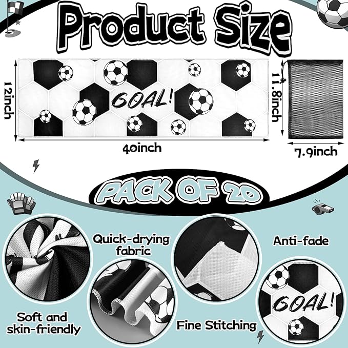 Peryiter 20 Pcs Soccer Towel 40 x 12 Inch Breathable Ice Sweat Towel with Storage Bag Quick Dry Microfiber Soccer Team Gift Party Favors for Fitness Camping Gym Running Sports Men Women Coach Gift