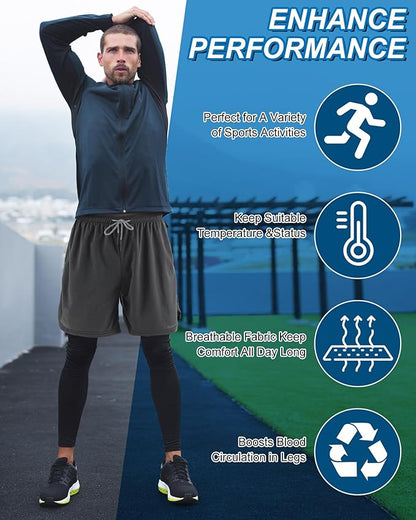 3 Pcs Men's 2 in 1 Athletic Running Pants Quick Dry Gym Workout Compression Pants with Pockets Towel Loop