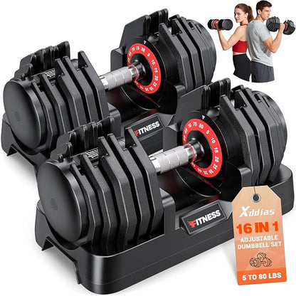 XDDIAS Adjustable Dumbbell Set of 2, 25/55/80/90LB Dumbbell Set- 1-Hand Fast Adjustment with Anti-Slip Handle, Compact Free Weights Dumbbells Set for Men/Women Home Gym Strength Training Equipment
