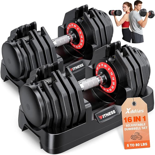 XDDIAS Adjustable Dumbbell Set of 2, 25/55/80/90LB Dumbbell Set- 1-Hand Fast Adjustment with Anti-Slip Handle, Compact Free Weights Dumbbells Set for Men/Women Home Gym Strength Training Equipment