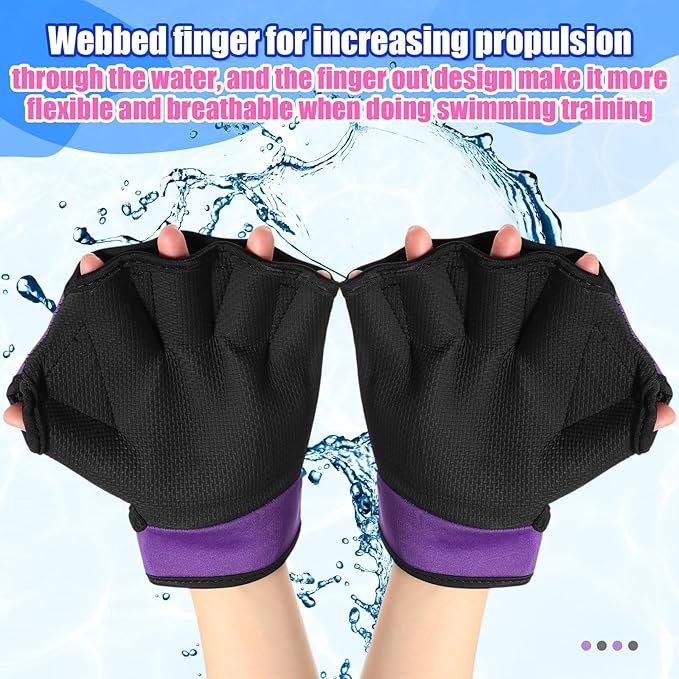 Sumind 2 Pairs Swimming Gloves Aquatic Training Gloves Neoprene Mittens Webbed Fitness Water Aerobics Resistance Training for Women Men Swimming Diving(Medium,Gray/ Rose Red, Purple/ Black)