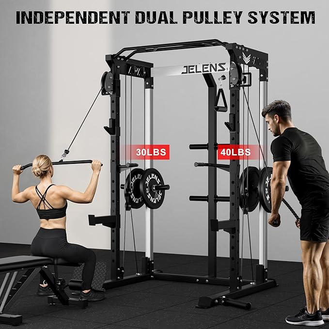 C21 Power Cage, 2000LBS Multi-Function Power Rack with Independent Dual Pulley System, All-in-One Squat Rack for Cable Crossover, Home Gym Workout Machine with More Training Attachments