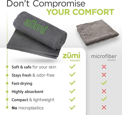 Zumi 100% Cotton Quick Dry Large Travel Towel - Soft, Thin, Compact, Highly Absorbent, Lightweight Camping Towel for Beach, Gym, Bath, Shower, Swimming, Pool, Dorm, RV - Gray