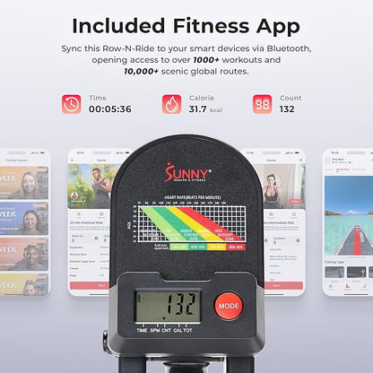 Sunny Health & Fitness Full-Motion Rowing Machine w/Adjustable Resistance, Low-Impact Full-Body Workout Rower w/Long Slide Rail, Space-Saving Design, Free SunnyFit App Connection