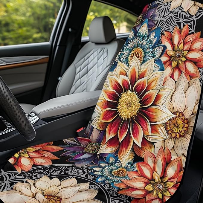 Bulopur Dahlia Floral Car Seat Towel Cover After Gym Workout Running Swimming Boho Automotive Accessories for Girly Non-Slip Sweating Car Seat Cover Removable