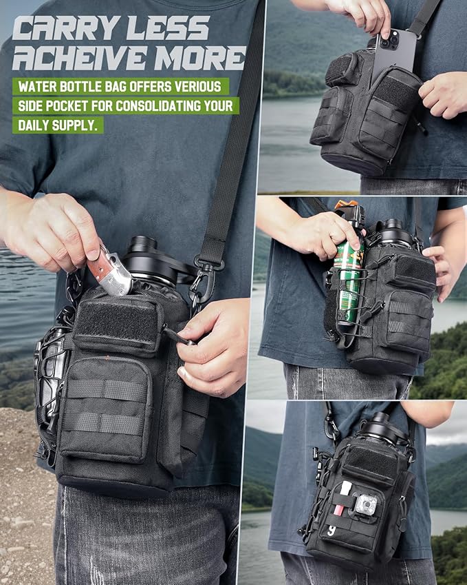 64 oz Insulated Water Bottle with Sleeve, Half Gallon Stainless Steel Tactical Water Jug Large Military Water Bottle with 3-IN-1 Pouch/3 Lids/Straw/Paracord Handle for Gym, Camping, Workout