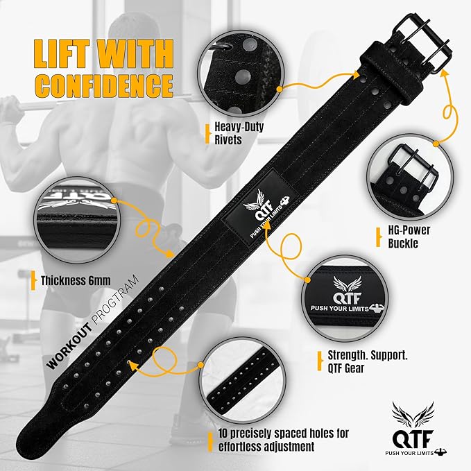QTF Weight Lifting Sued-Leather-Belt Gym Exercise Workout, 4 " x 10mm Thick Padded Lumbar Back Support Men Women, 9 double Adjustable Holes, Powerlifting Bodybuilding Deadlift, Squat Fitness Strength Training Belt