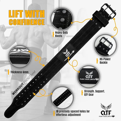 QTF Weight Lifting Sued-Leather-Belt Gym Exercise Workout, 4 " x 10mm Thick Padded Lumbar Back Support Men Women, 9 double Adjustable Holes, Powerlifting Bodybuilding Deadlift, Squat Fitness Strength Training Belt
