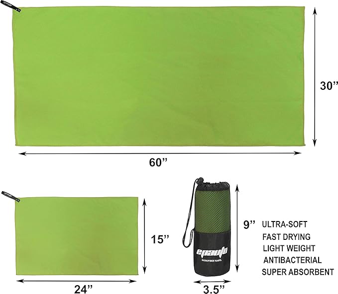 EPAuto 2-Pack Microfiber Quick Dry Towel Set - Lightweight, Super Absorbent & Compact Travel Towels (60"x30" & 24"x15") for Gym, Camping, Beach, Yoga & Backpacking, Green