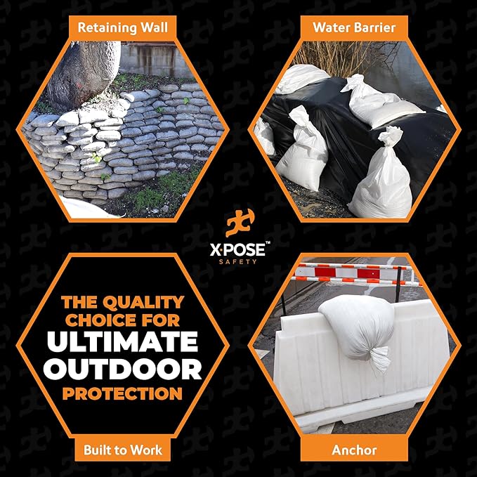 Xpose Safety Heavy Duty Sand Bags with Tie Strings – Empty Woven Polypropylene Sandbags for Hurricane Flood Protection, 100 lb Capacity, 14" x 26", White, Bulk Full Pallet Pack of 8000