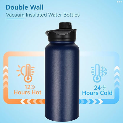 VEGOND 32 oz Insulated Water Bottle Bulk Stainless Steel Metal Water Bottles with Leak Proof Straw Lid & Spout Lid, Wide Mouth Double Walled Vacuum Travel Sports Bottle, 4 Pack