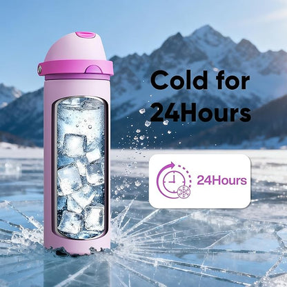 Insulated Water Bottle with Straw - Encool Stainless Steel Water Bottle with Push Button Lid, Leak-Proof & BPA-Free, Keeps Cold for 24 Hours for Sports, Travel, Gym (24 oz, Thistle-Fuchsia)