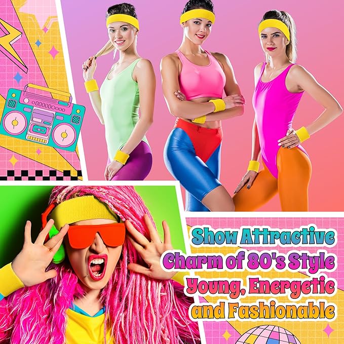 3 Pack Neon Sweatbands Set 80s Wristband and Headband Color War Accessories Sports Sweatbands for Summer Ball Party