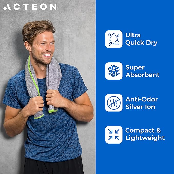 Acteon New Microfiber Quick Dry Gym Towel, Silver ION Odor-Free Mega Absorbent Fiber, Fast Drying, Men & Women Small Workout Gear for Body Sweat, Beach, Working Out, Camping, Travel Towel