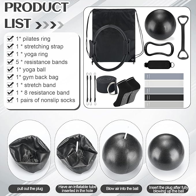 Pilates Ring Circle Set 18 Pcs Exercise Equipment Accessories for Women Workouts Pilates Ball Stretching Strap Magic Circle Yoga Ring Gym Back Bag Resistance Band Anti Slip Socks