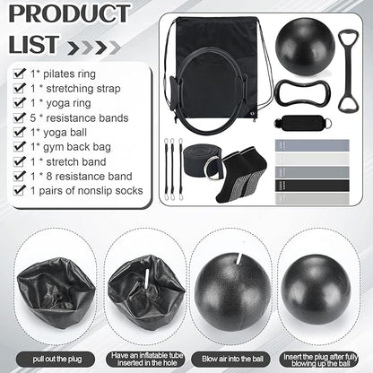 Pilates Ring Circle Set 18 Pcs Exercise Equipment Accessories for Women Workouts Pilates Ball Stretching Strap Magic Circle Yoga Ring Gym Back Bag Resistance Band Anti Slip Socks