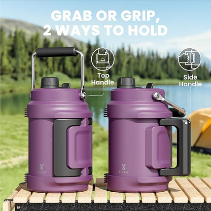64 oz Insulated Water Bottle for Gym: Meoky Triple Wall Vacuum Stainless Steel Half Gallon Water Jug - Top and Side Handles, 2-in-1 Straw and Spout Lid, Cold for 36 Hrs, Leak Proof for Camping (Plum)