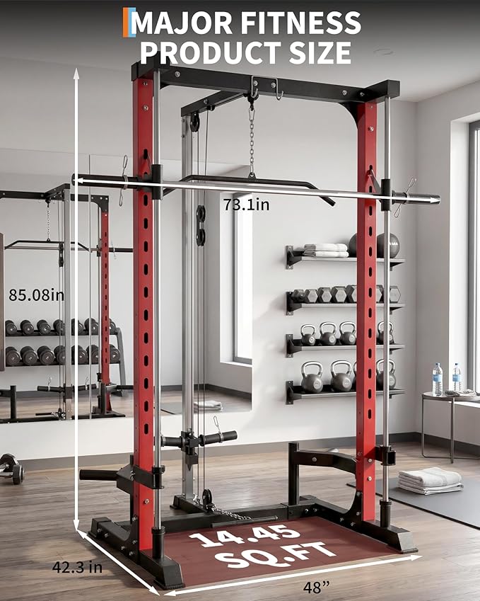 Smith Machine with Bench, Heavy Duty Power Cage Squat Rack with Smith Bar, LAT Pulldown System, Chest Station & More Training Attachment, Home Gym Equipment for Strengthen Training